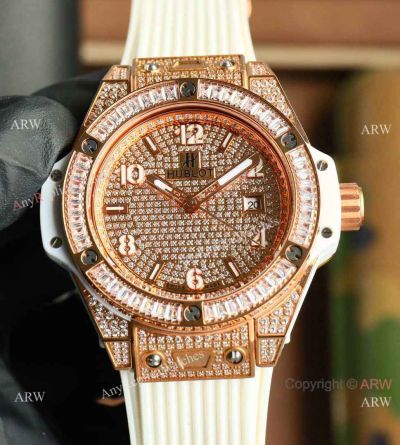 Iced Out Hublot Big Bang 39mm One Click Watch Rose Gold with Baguettes